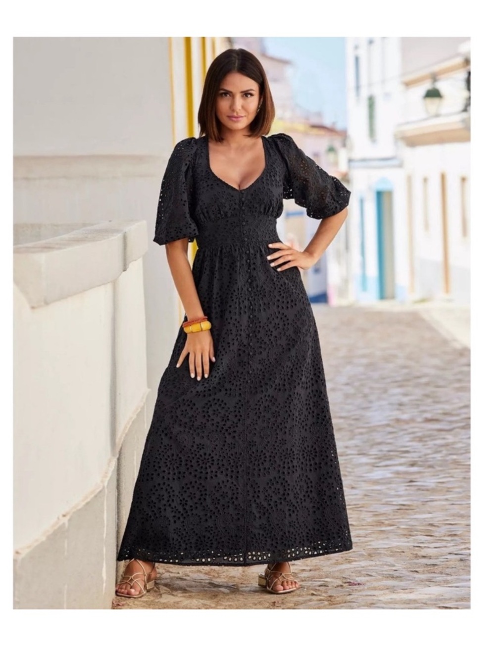 Boston Proper Black Eyelet Maxi Dress with Puff Sleeves